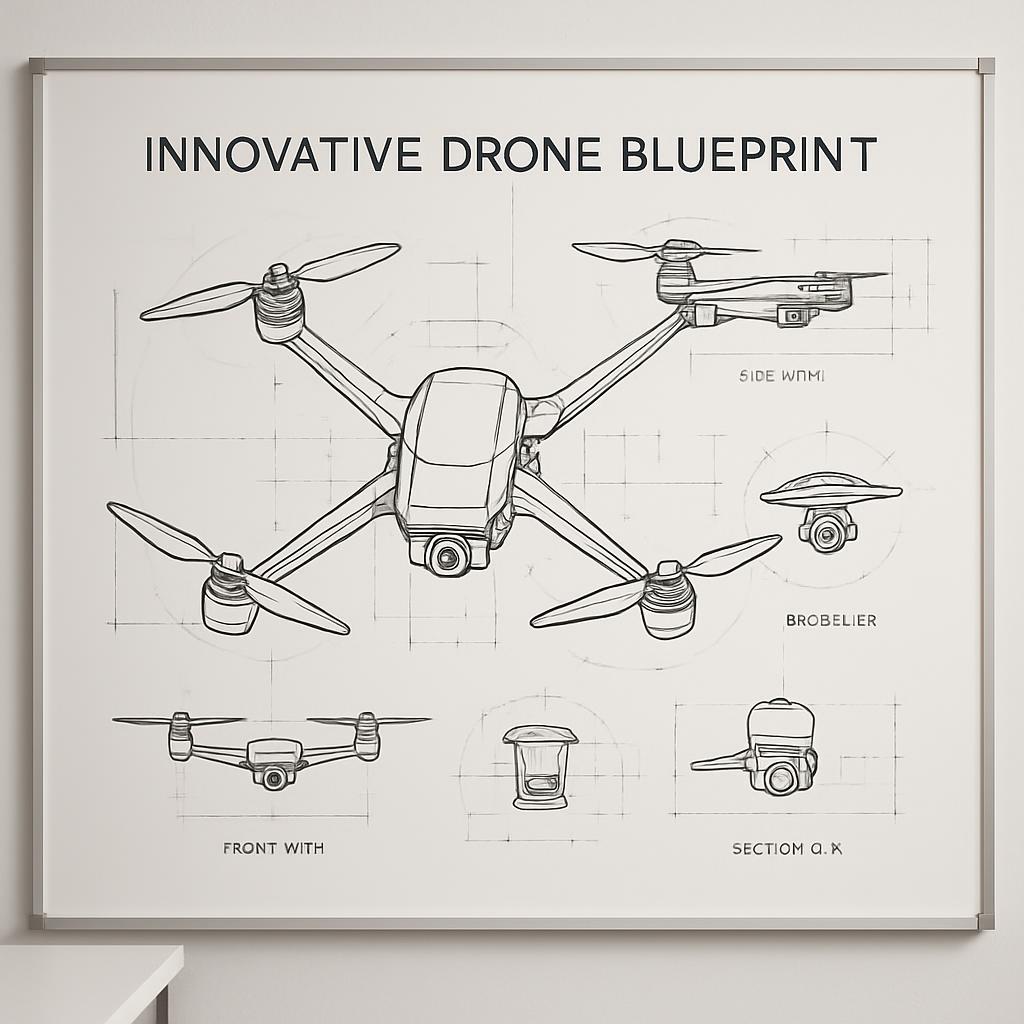 Skeleton diagram of different sections of innovative drone including body + propellers, and rotors. There are clear lines ...