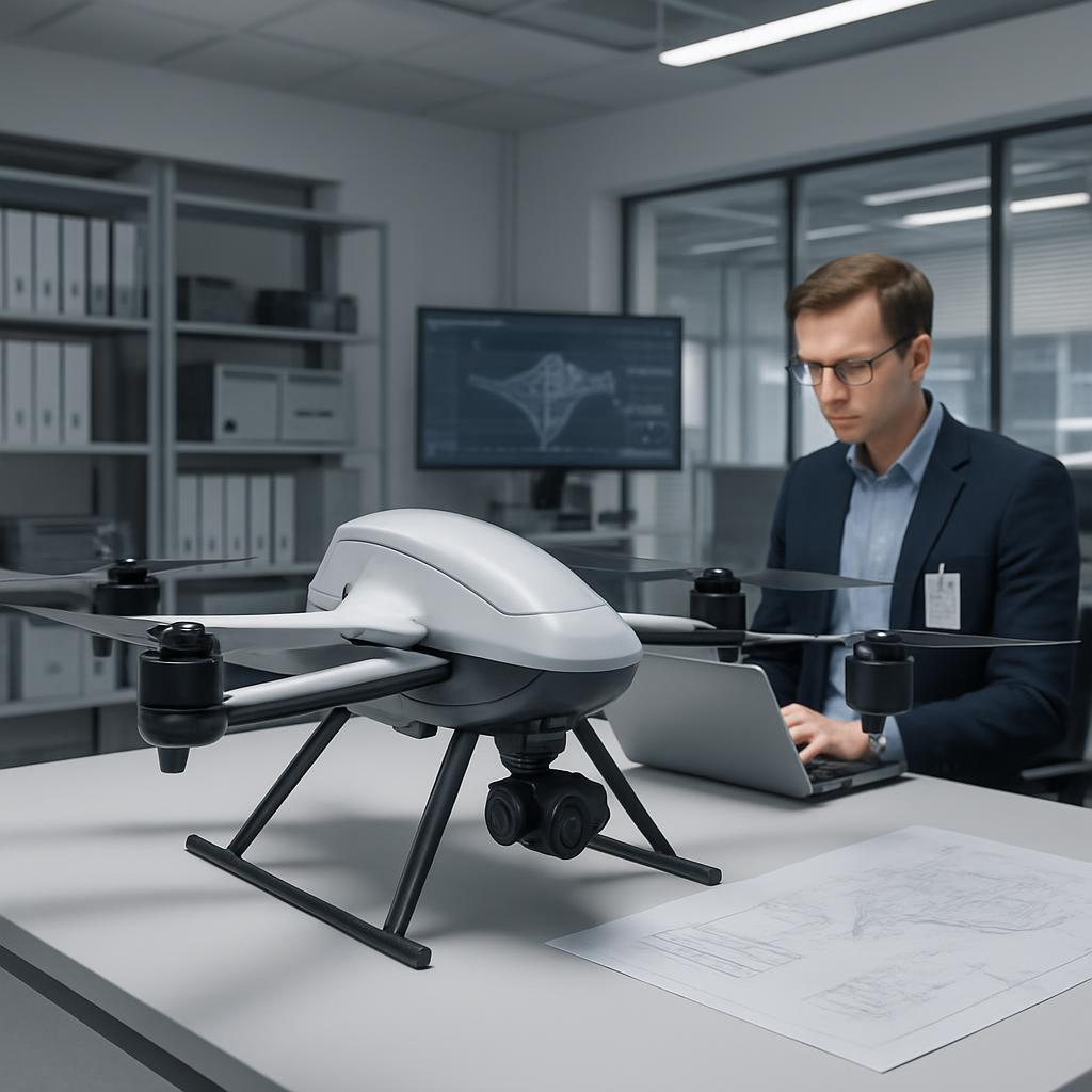 Here's the alt text to go with this image: Large gray and white drone on a table with a man in a suit sitting at a laptop.